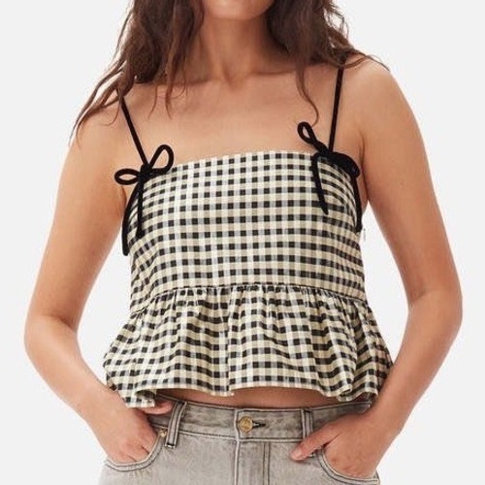 Ganni Shiny Check Jacquard Top Metallic Gingham Velvet Bow Peplum Tank 38 US 6